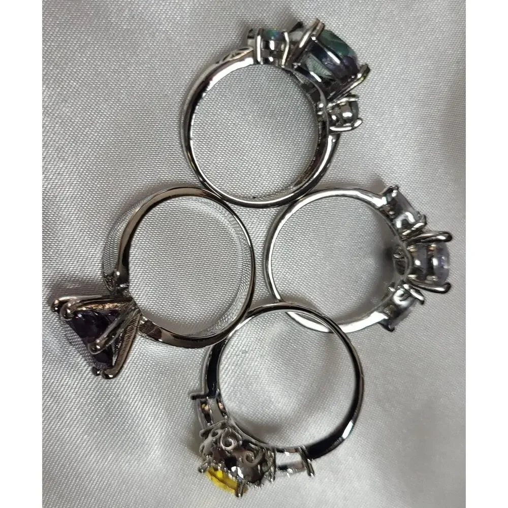 Womens Ring Lot Size 7.5 7.25 Statement Cocktail Crystal Purple Yellow Green